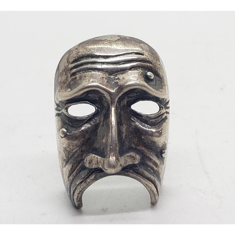 Vintage Sterling Silver Tragedy Mask Ring 11.4g Theater Drama Face Marked 800